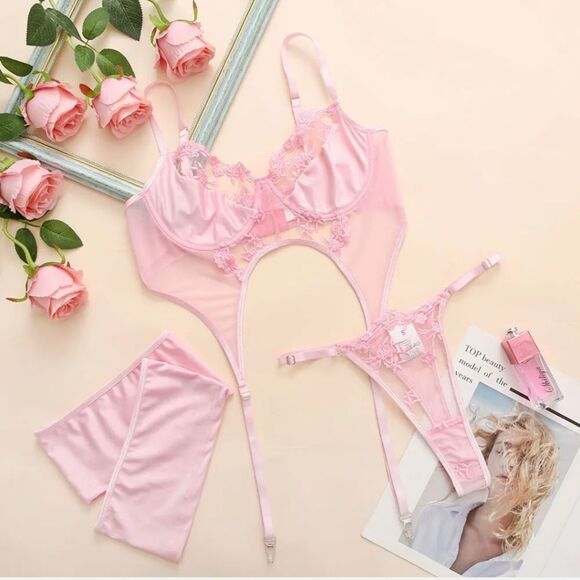 Sexy Bodystocking Bodysuit Womens Underwear Pink Flower Lace Lingerie Set Sissy - Picture 7 of 12